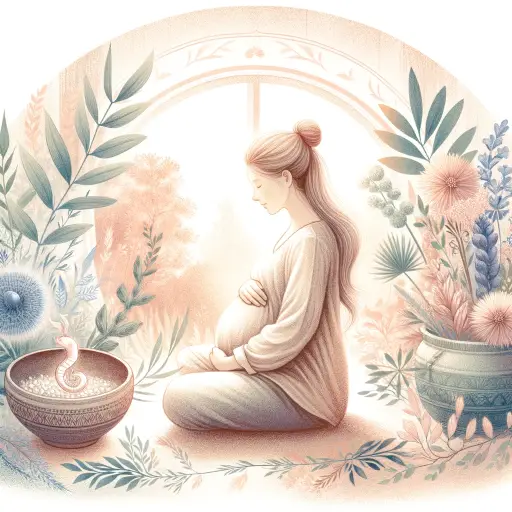 A serene and beautiful illustration depicting early pregnancy. The image features a gentle and calm environment, with soft colors and peaceful imagery.webp