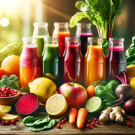 A vibrant and colorful assortment of detox juices arranged beautifully on a wooden table, with a variety of fruits and vegetables like lemons, beets, .webp