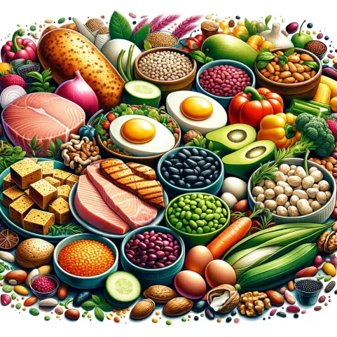 A vibrant and detailed illustration of various high-protein foods, including both plant-based and animal-based options. The image showcases a colorful.webp