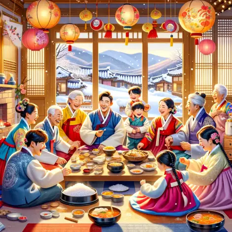 A vibrant and heartwarming scene of a Korean family gathered around the living room, wearing traditional hanbok, laughing and enjoying various traditi.webp