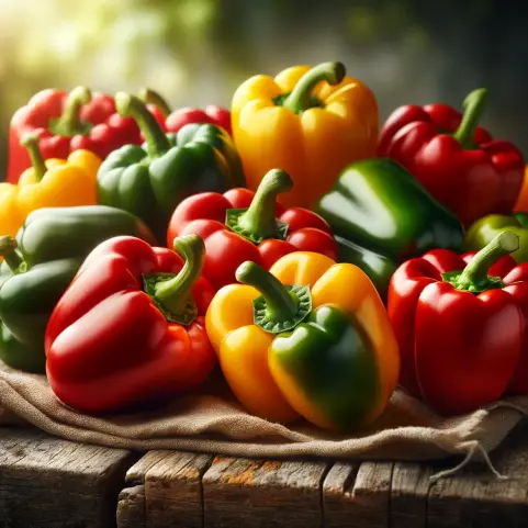 A vibrant, colorful assortment of bell peppers (paprika) including red, yellow, and green peppers, freshly harvested and displayed on a rustic wooden .webp
