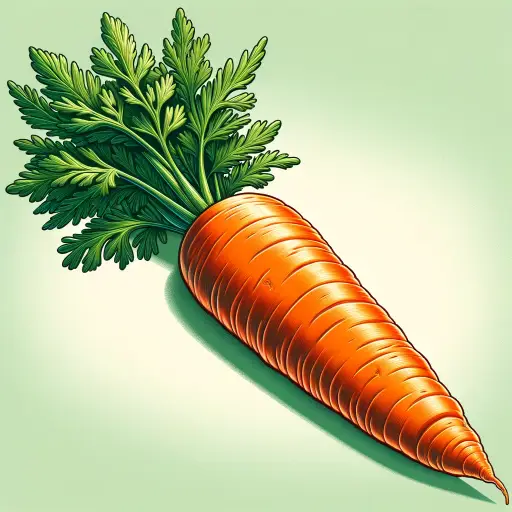A vibrant, detailed illustration of a carrot, featuring its bright orange color and green leafy top. The background is a simple, soft color to make th.webp