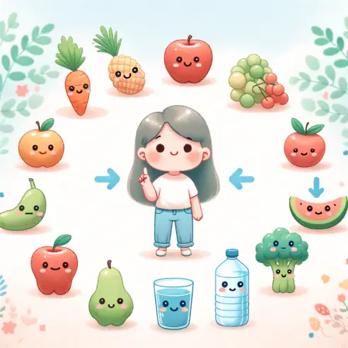A whimsical illustration depicting the concept of constipation. The scene includes various fruits, vegetables, and a glass of water, all with cute fac.webp