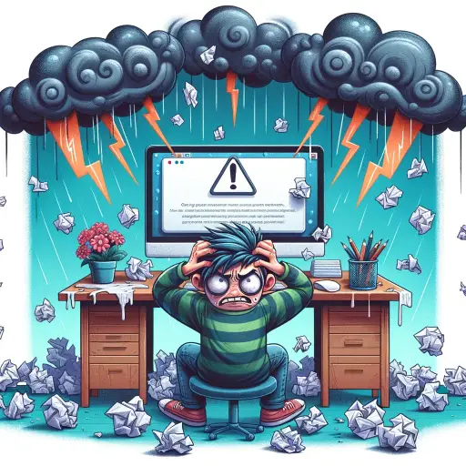 A whimsical illustration of a person sitting at a desk, surrounded by crumpled paper balls and a computer screen displaying an error message, with a f.webp