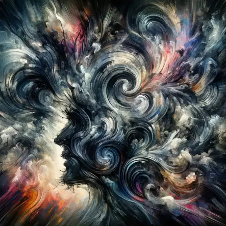 An abstract image representing psychological unease, featuring a chaotic mix of dark and light brush strokes, swirling patterns that evoke a sense of .webp