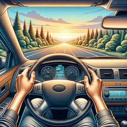 A detailed illustration of a person driving a car, seen from the inside perspective. The dashboard and steering wheel are clearly visible, with the dr.webp