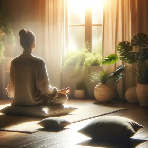 A serene and peaceful setting for meditation, depicting a person sitting in the lotus position on a soft, plush cushion. The environment is calm, with.webp