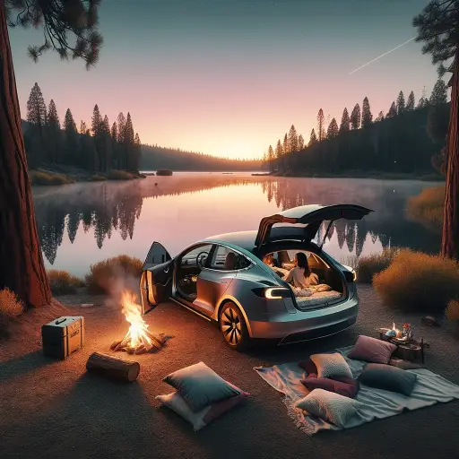 A serene and picturesque scene of a Tesla car parked by a tranquil lake at dusk. The car's rear hatch is open, revealing cozy blankets and pillows ins.webp