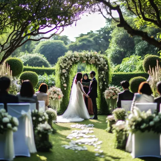A beautiful and romantic wedding scene in a lush garden setting. The image depicts a bride and groom exchanging vows under a floral archway, surrounde.webp