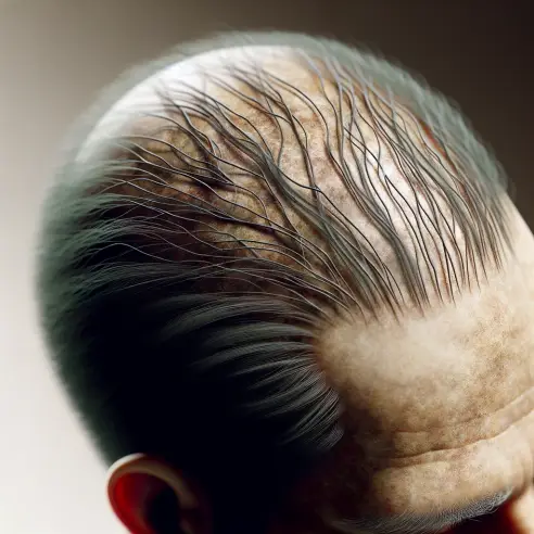 DALL·E 2024-05-13 22.01.39 - An artistic representation of hair loss, showing a close-up of a human scalp with visible thinning hair. The image captures a sense of concern and att.webp
